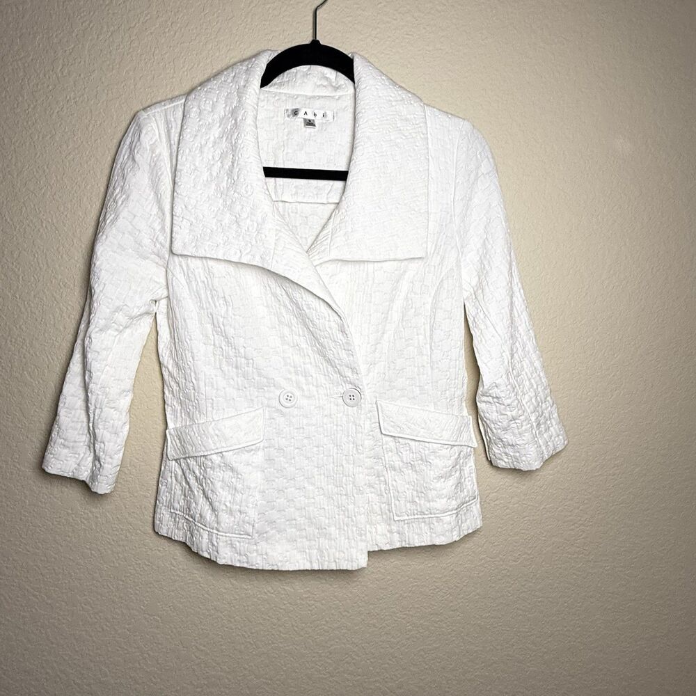 CAbi Blazer White Double Breasted Wide Lapel 3/4 Sleeve Size S #212 Businesscore